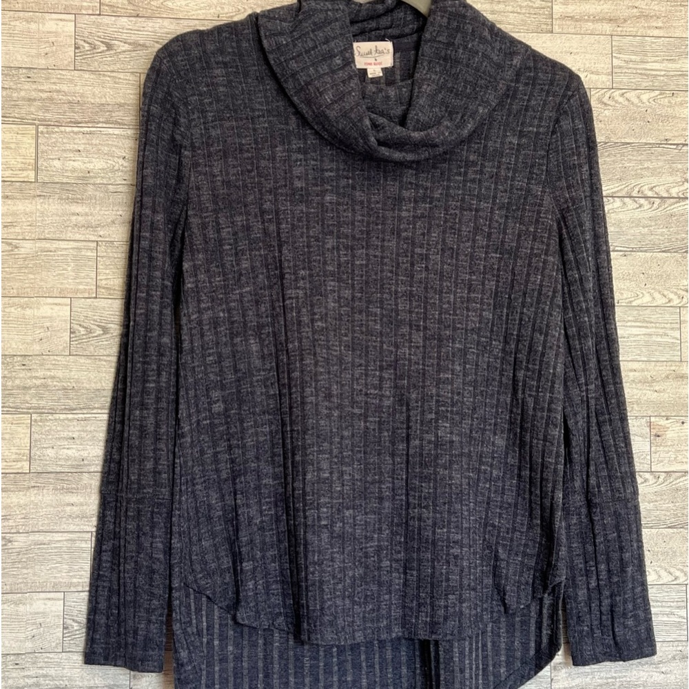 Sweet Tea's By Pink Rose Cowl-Neck Sweater Women L Blue/Gray Ribbed Knit Stretch